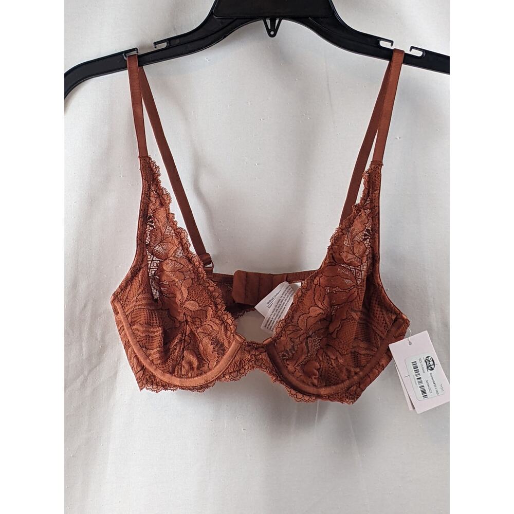 Lace Bra High Apex Unlined Auden Orange 32B Underwire Adjustable Straps Plunge